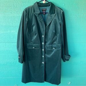 DARK TEAL BLUE GREEN VELVET LONG BUTTON UP JACKET SIZE 18 W NWOT